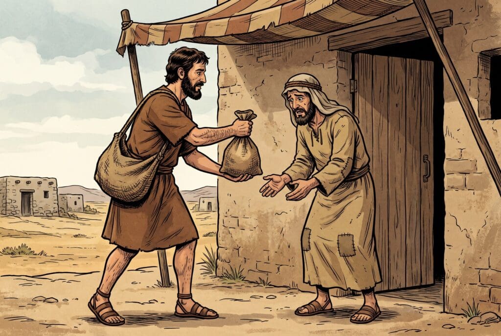 Comic book style illustration depicting a scene from Sirach chapter 29
