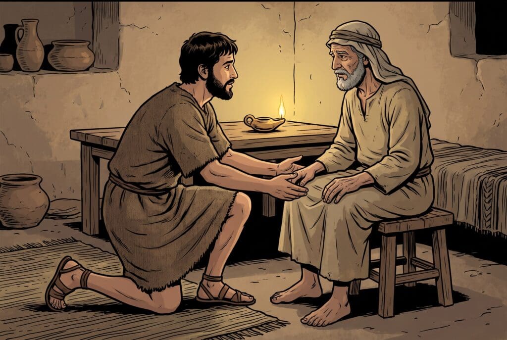 Comic book style illustration depicting a scene from Sirach chapter 3