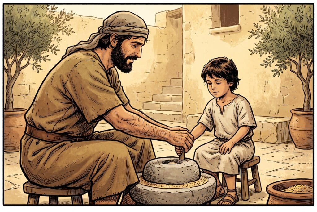 Comic book style illustration depicting a scene from Sirach chapter 30