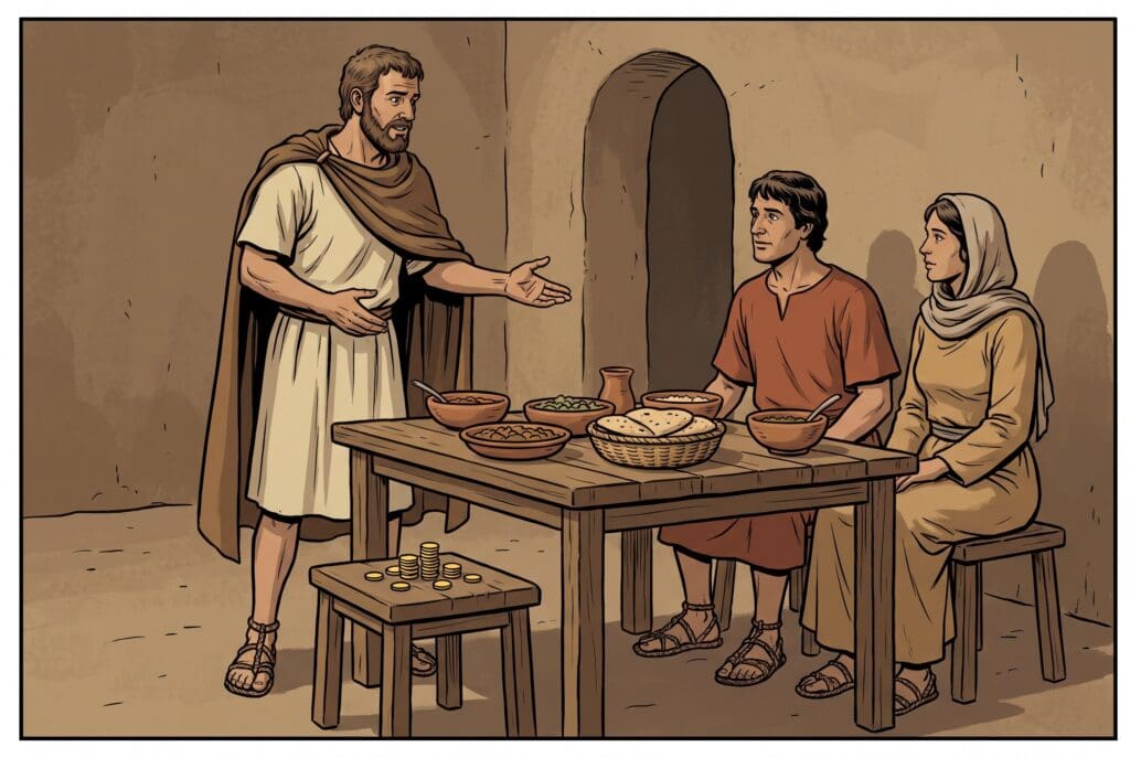 Comic book style illustration depicting a scene from Sirach chapter 31