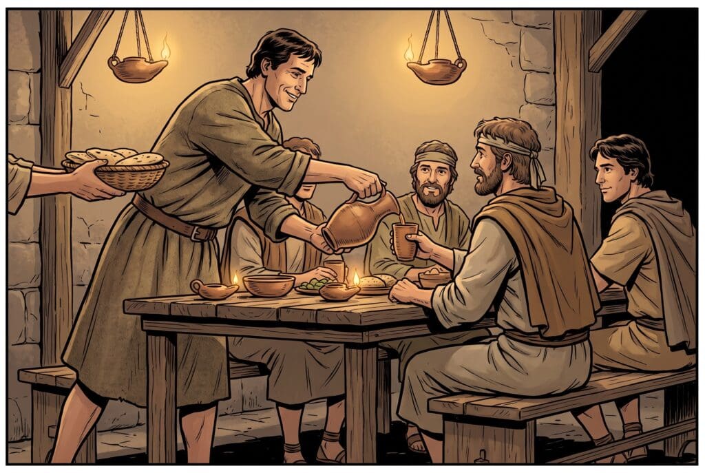 Comic book style illustration depicting a scene from Sirach chapter 32