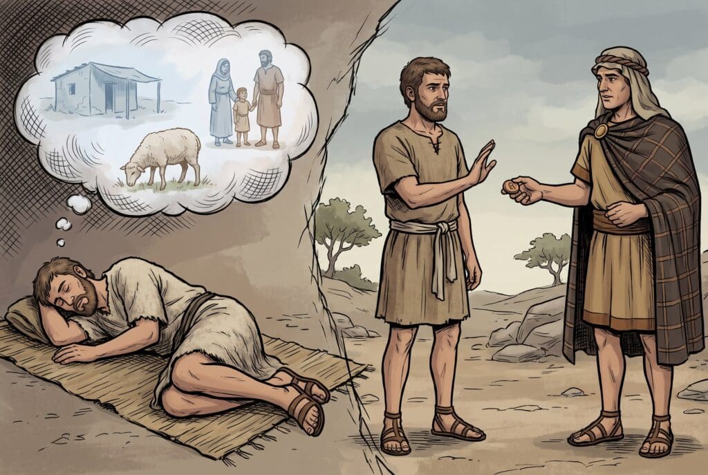 Comic book style illustration depicting a scene from Sirach chapter 34