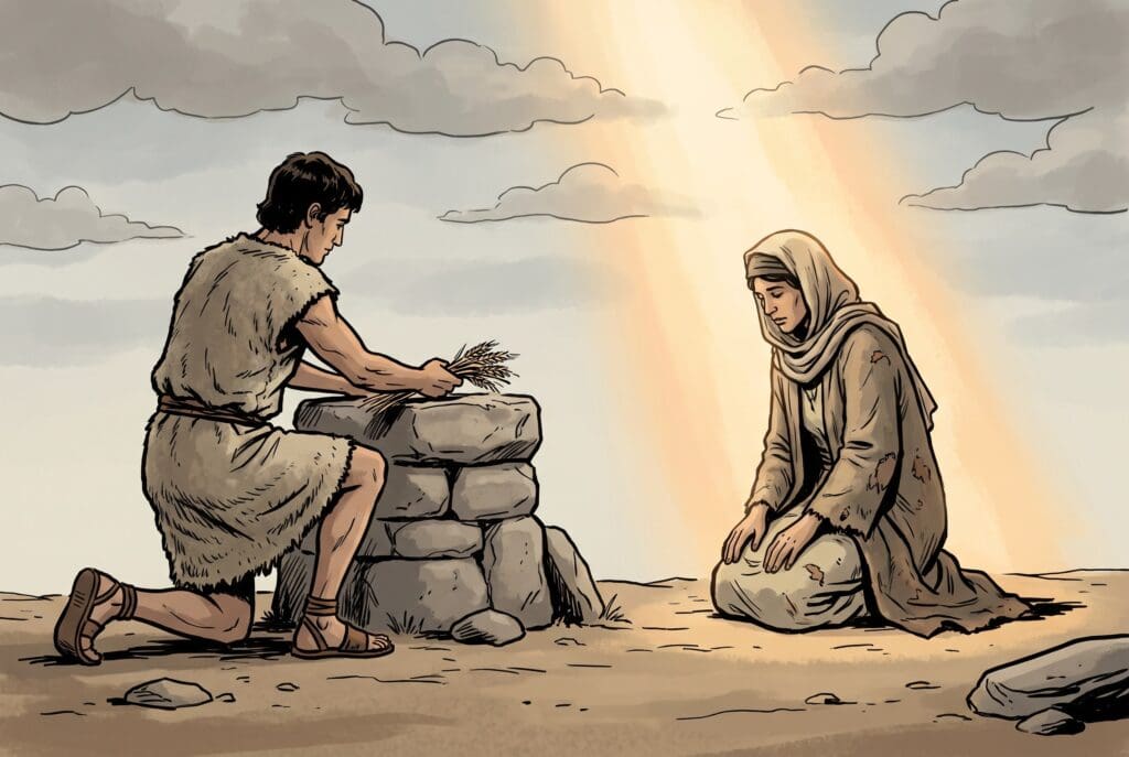 Comic book style illustration depicting a scene from Sirach chapter 35