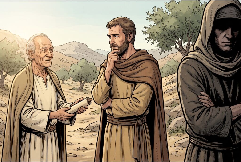 Comic book style illustration depicting a scene from Sirach chapter 37