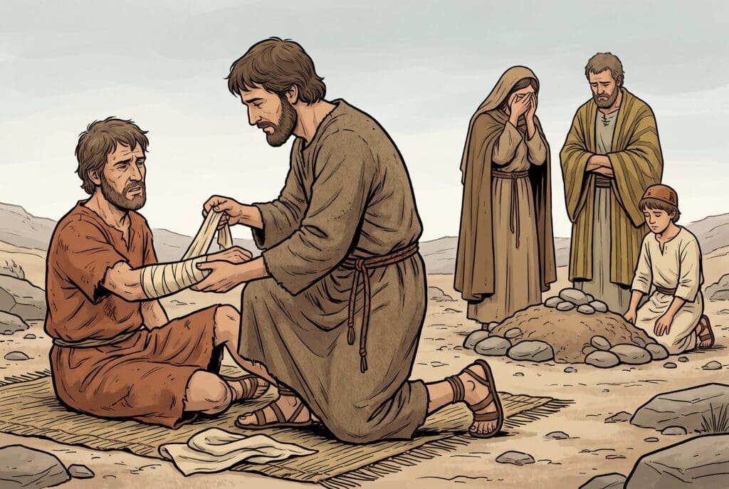 Comic book style illustration depicting a scene from Sirach chapter 38