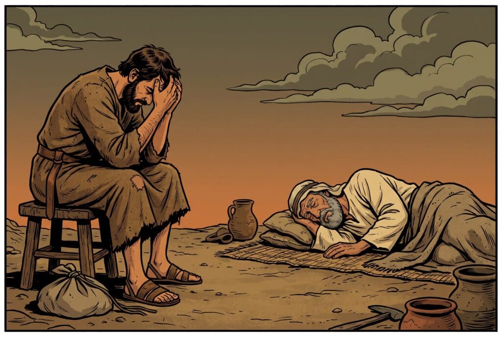 Comic book style illustration depicting a scene from Sirach chapter 40