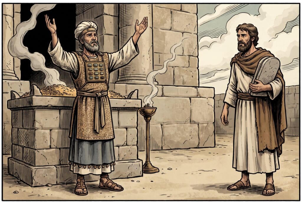 Comic book style illustration depicting a scene from Sirach chapter 45