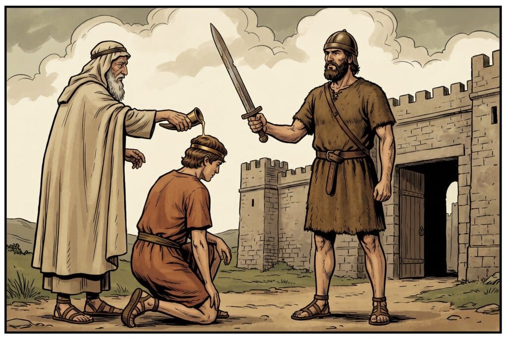 Comic book style illustration depicting a scene from Sirach chapter 46