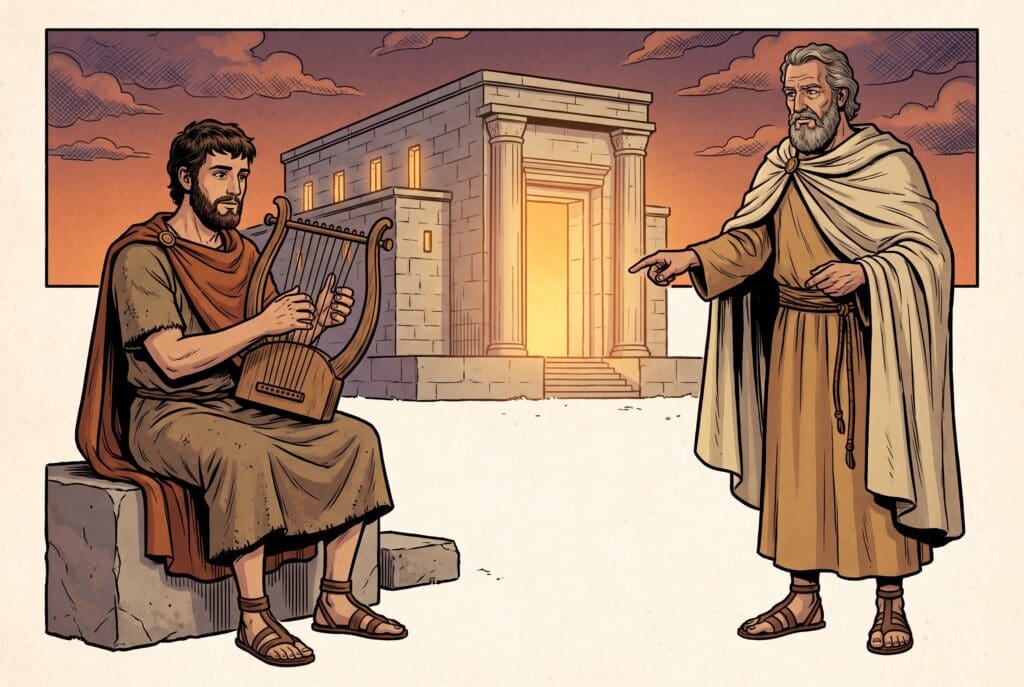 Comic book style illustration depicting a scene from Sirach chapter 47