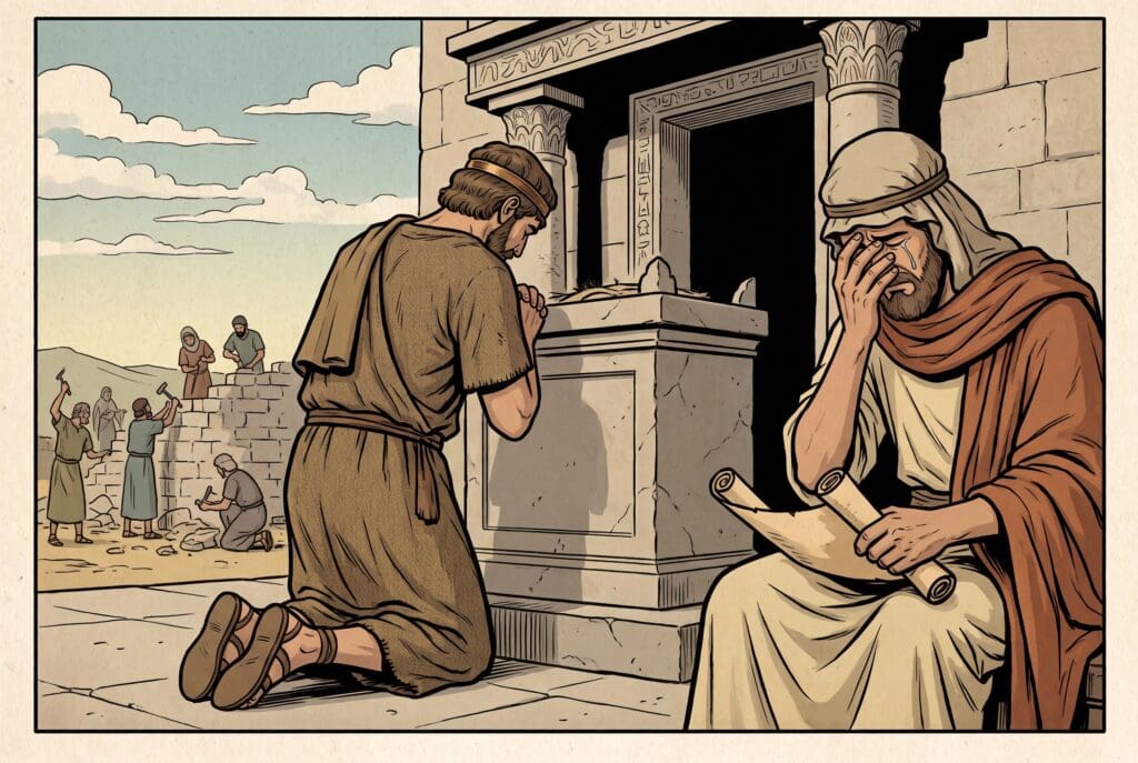 Comic book style illustration depicting a scene from Sirach chapter 49