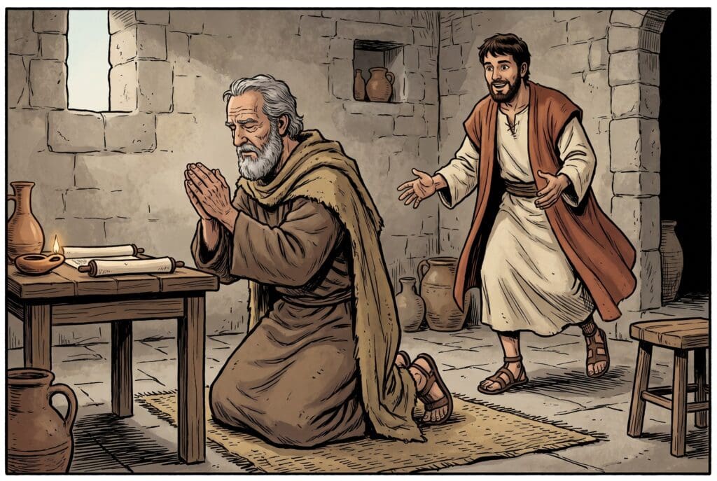 Comic book style illustration depicting a scene from Sirach chapter 51