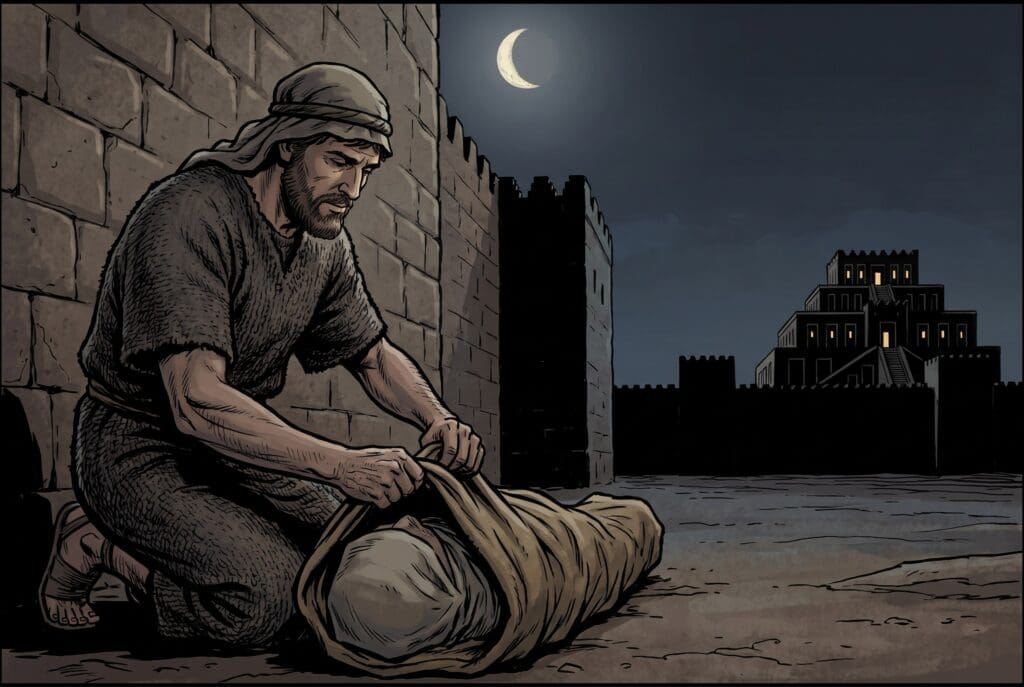 Comic book style illustration depicting a scene from Tobit chapter 1