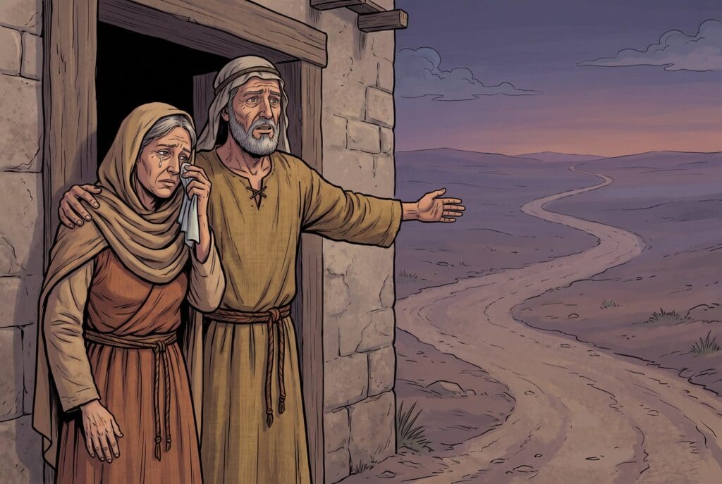 Comic book style illustration depicting a scene from Tobit chapter 10