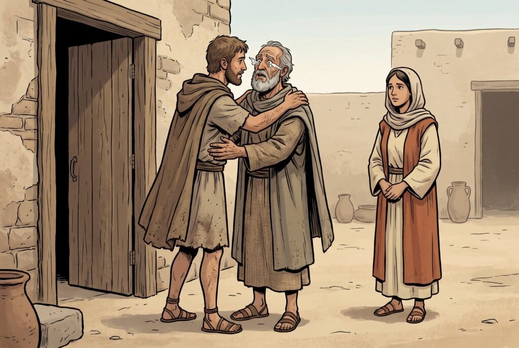 Comic book style illustration depicting a scene from Tobit chapter 11