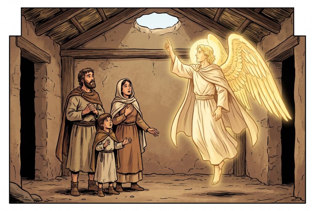Comic book style illustration depicting a scene from Tobit chapter 12