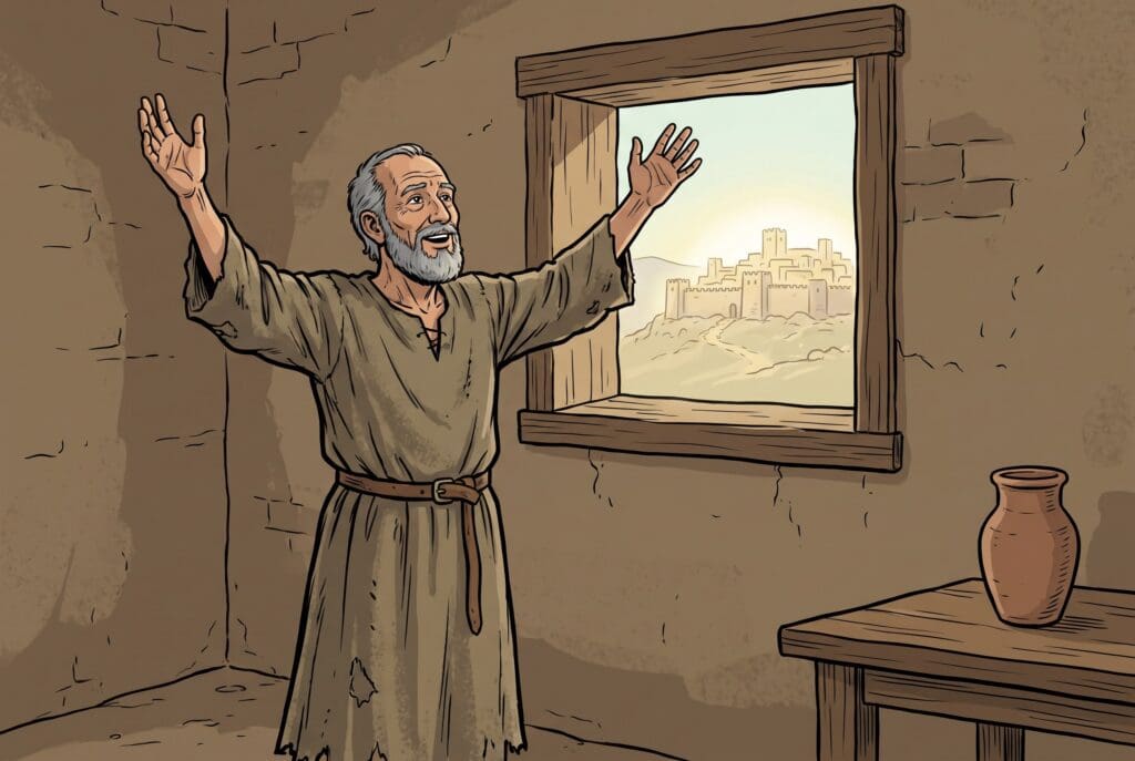 Comic book style illustration depicting a scene from Tobit chapter 13