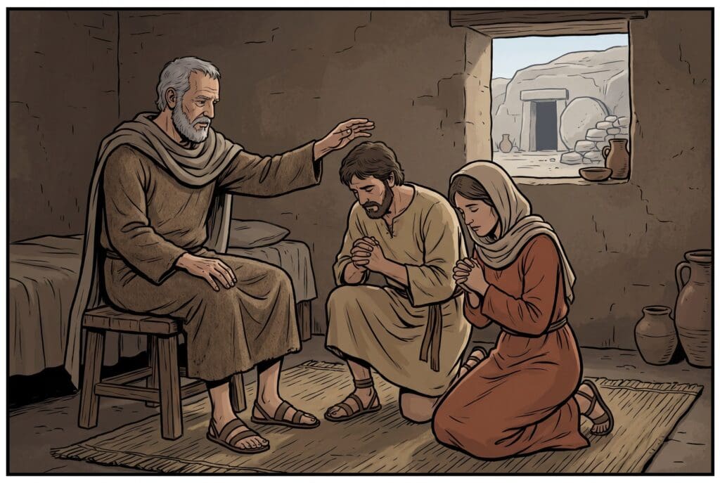 Comic book style illustration depicting a scene from Tobit chapter 14