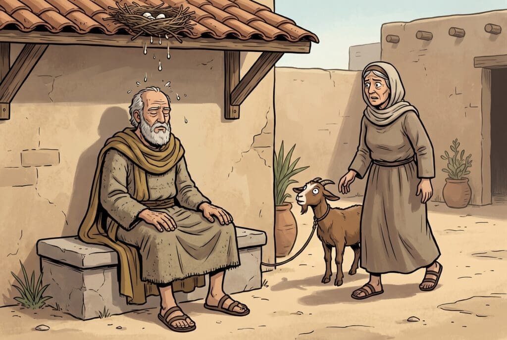 Comic book style illustration depicting a scene from Tobit chapter 2