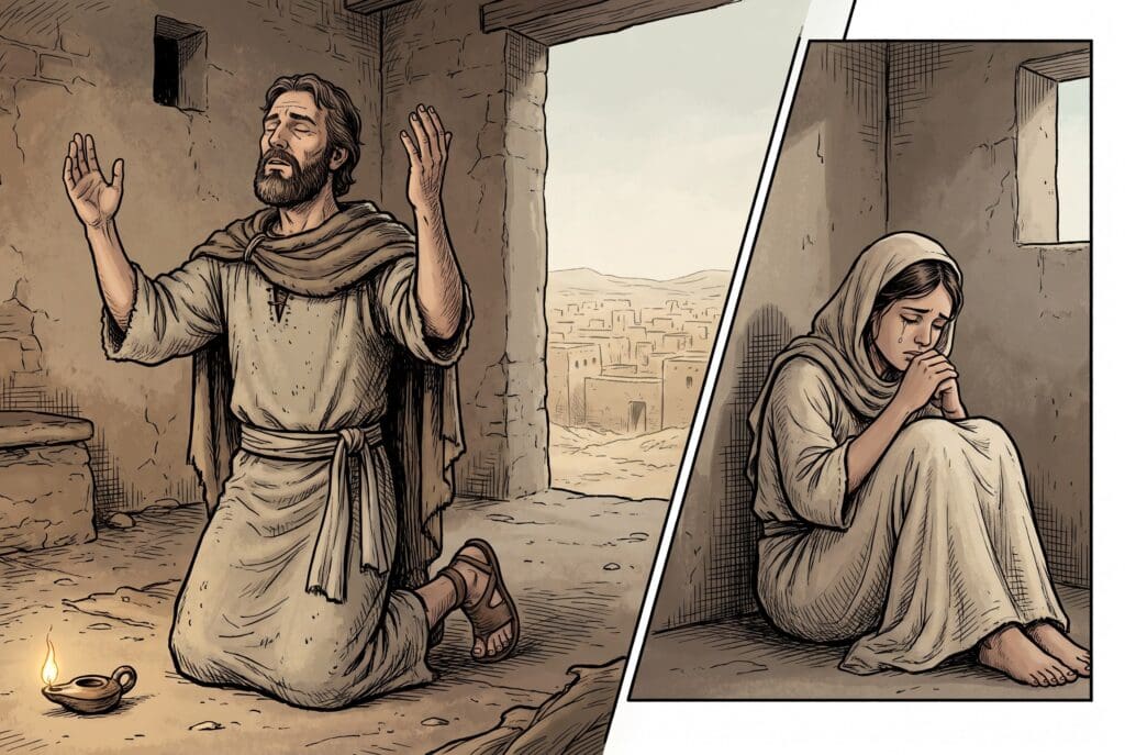 Comic book style illustration depicting a scene from Tobit chapter 3