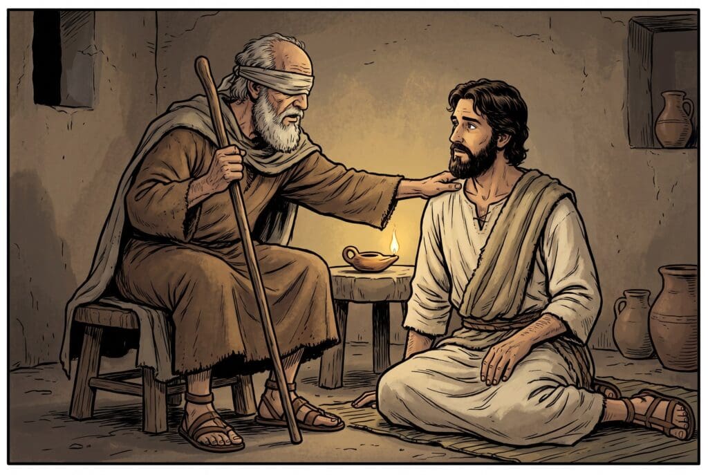 Comic book style illustration depicting a scene from Tobit chapter 4