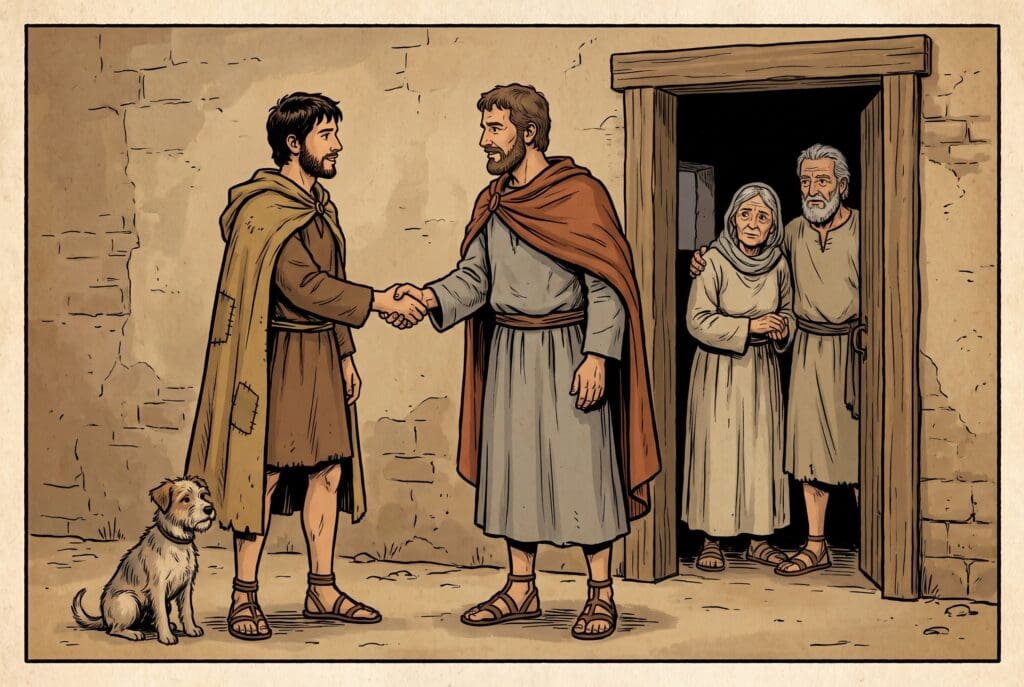 Comic book style illustration depicting a scene from Tobit chapter 5
