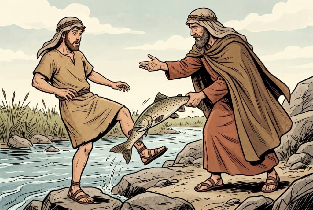 Comic book style illustration depicting a scene from Tobit chapter 6