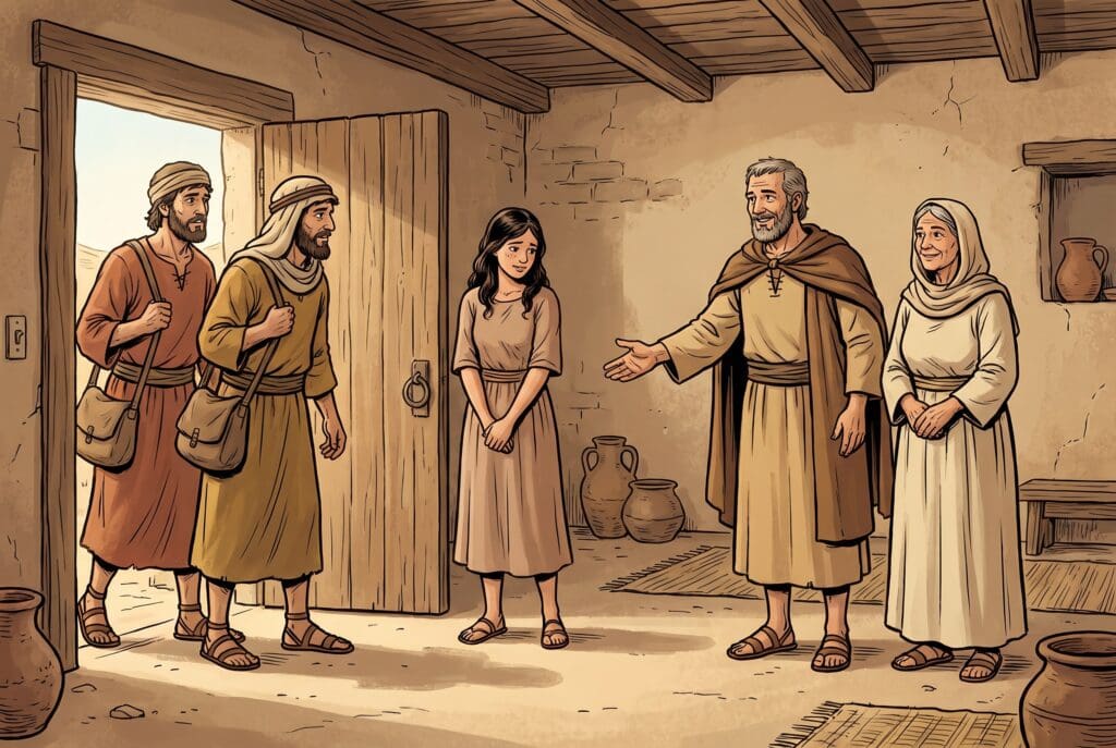 Comic book style illustration depicting a scene from Tobit chapter 7