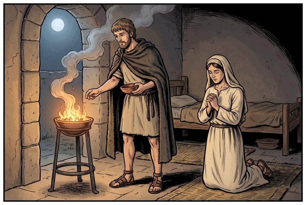 Comic book style illustration depicting a scene from Tobit chapter 8