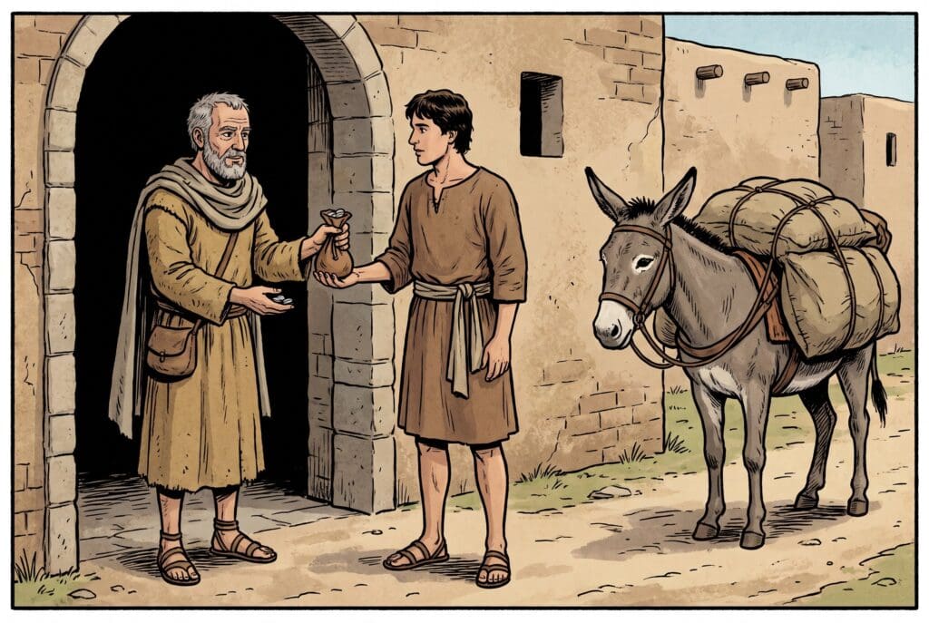Comic book style illustration depicting a scene from Tobit chapter 9