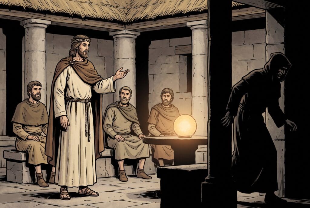 Comic book style illustration depicting a scene from Wisdom of Solomon chapter 1