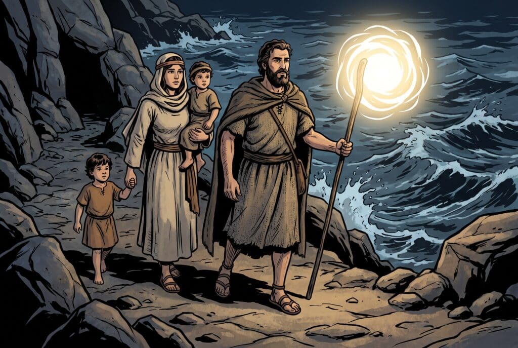 Comic book style illustration depicting a scene from Wisdom of Solomon chapter 10