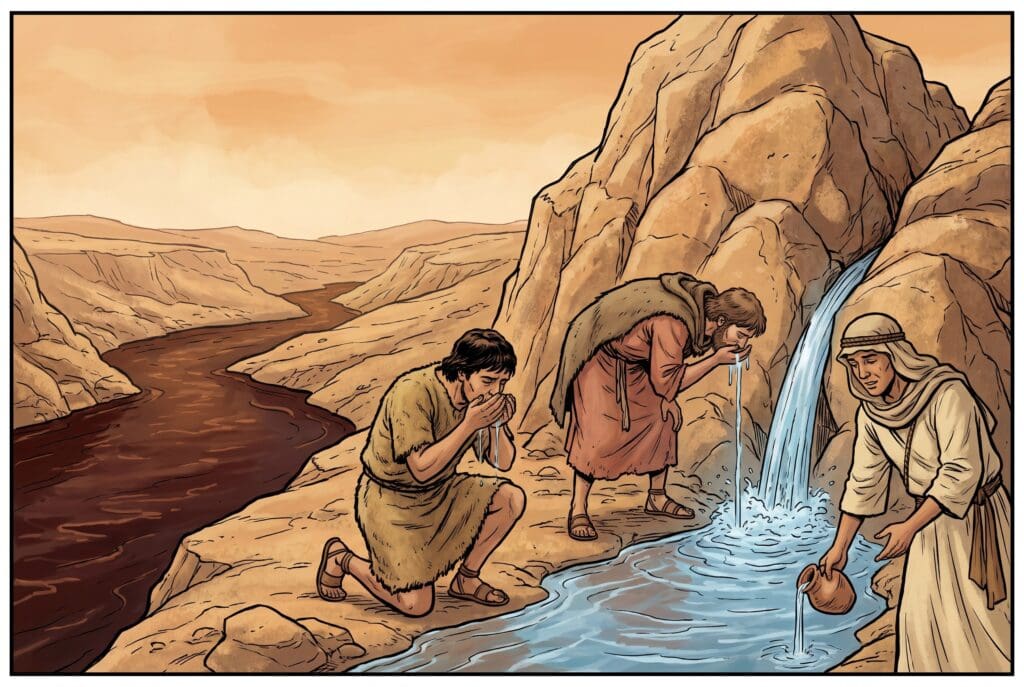 Comic book style illustration depicting a scene from Wisdom of Solomon chapter 11