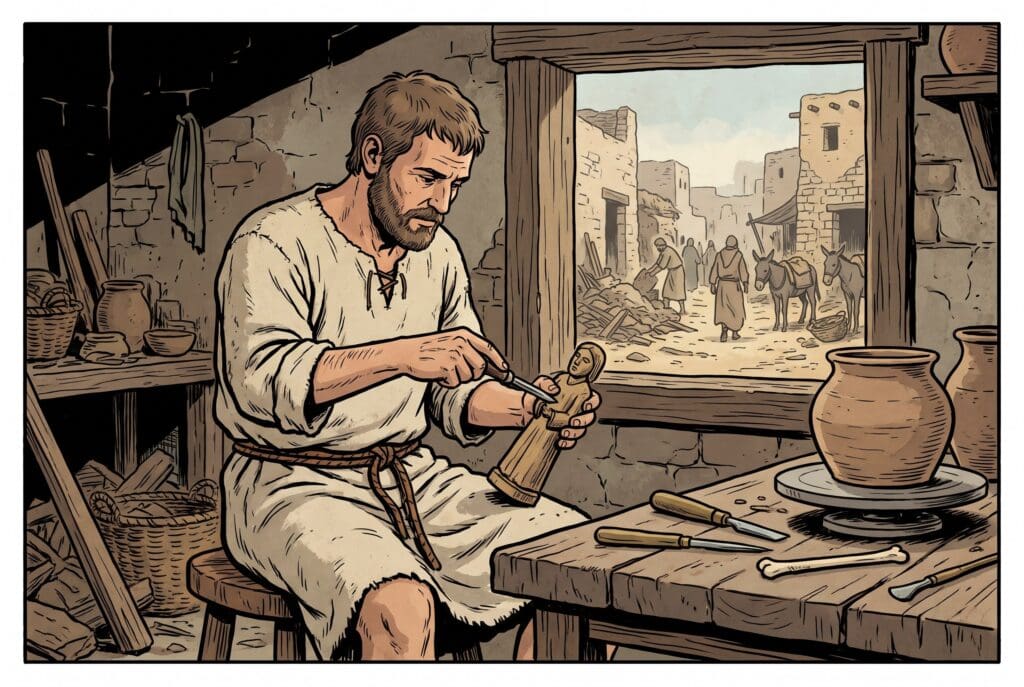 Comic book style illustration depicting a scene from Wisdom of Solomon chapter 14