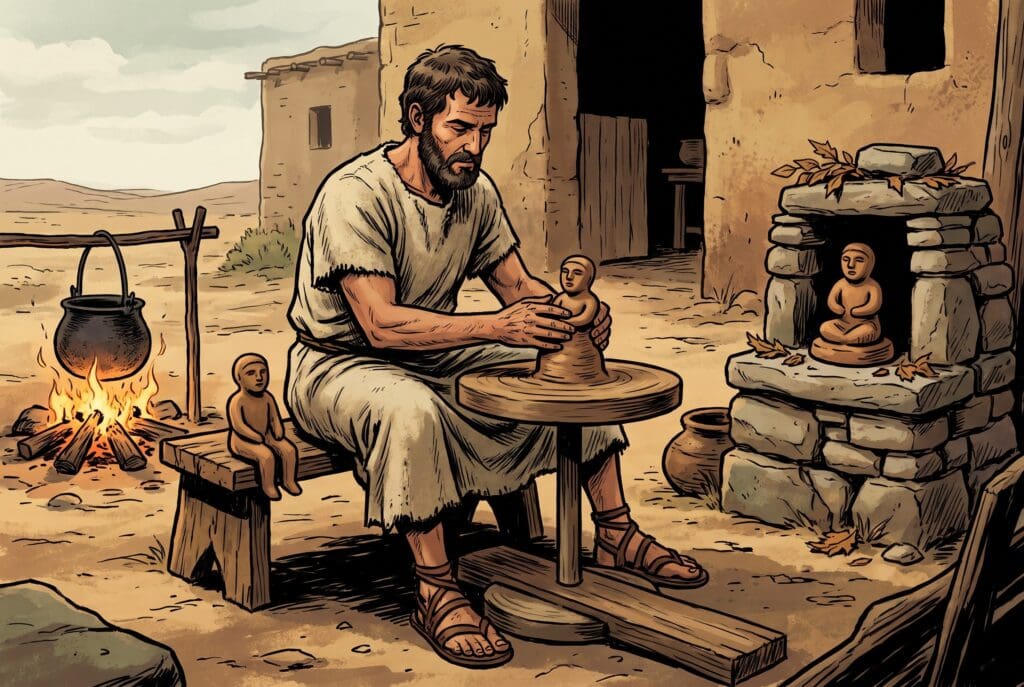 Comic book style illustration depicting a scene from Wisdom of Solomon chapter 15