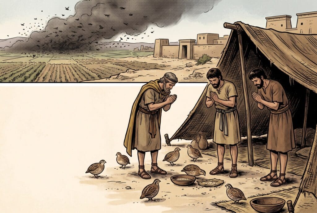 Comic book style illustration depicting a scene from Wisdom of Solomon chapter 16