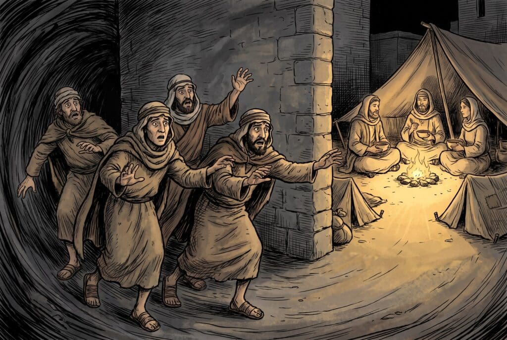Comic book style illustration depicting a scene from Wisdom of Solomon chapter 17