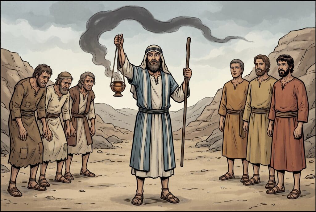 Comic book style illustration depicting a scene from Wisdom of Solomon chapter 18