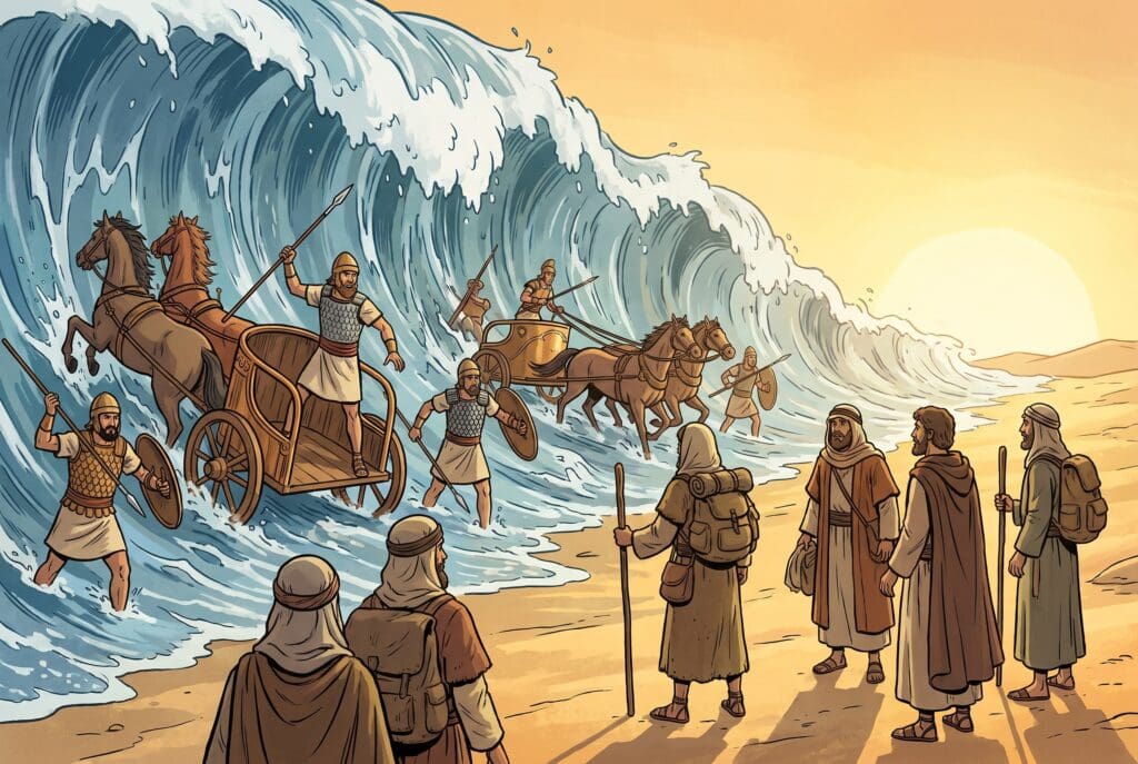 Comic book style illustration depicting a scene from Wisdom of Solomon chapter 19