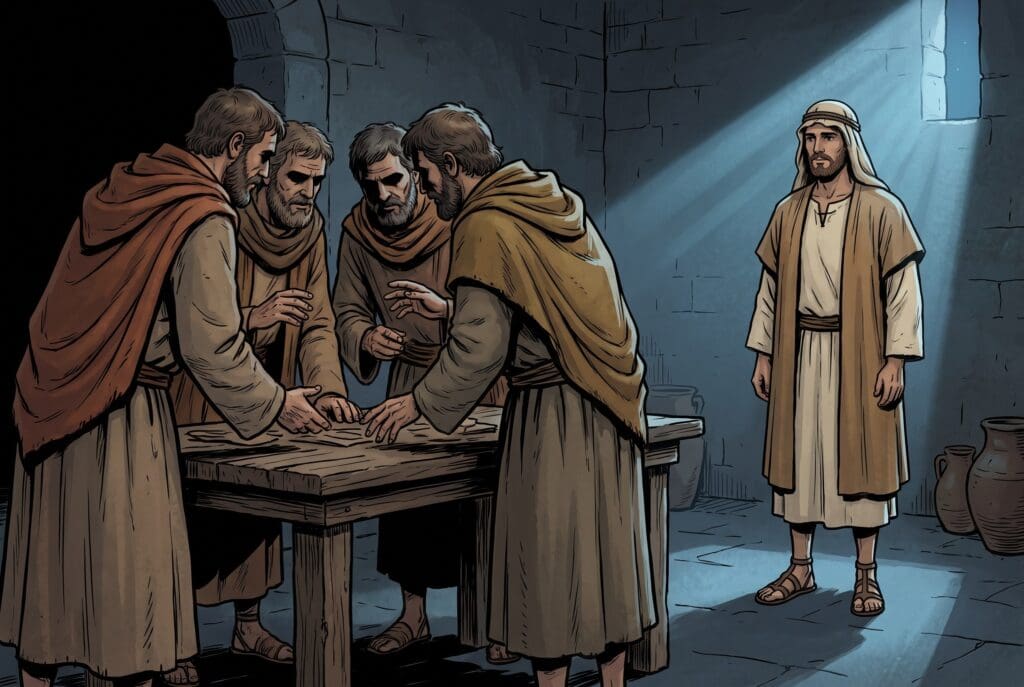 Comic book style illustration depicting a scene from Wisdom of Solomon chapter 2