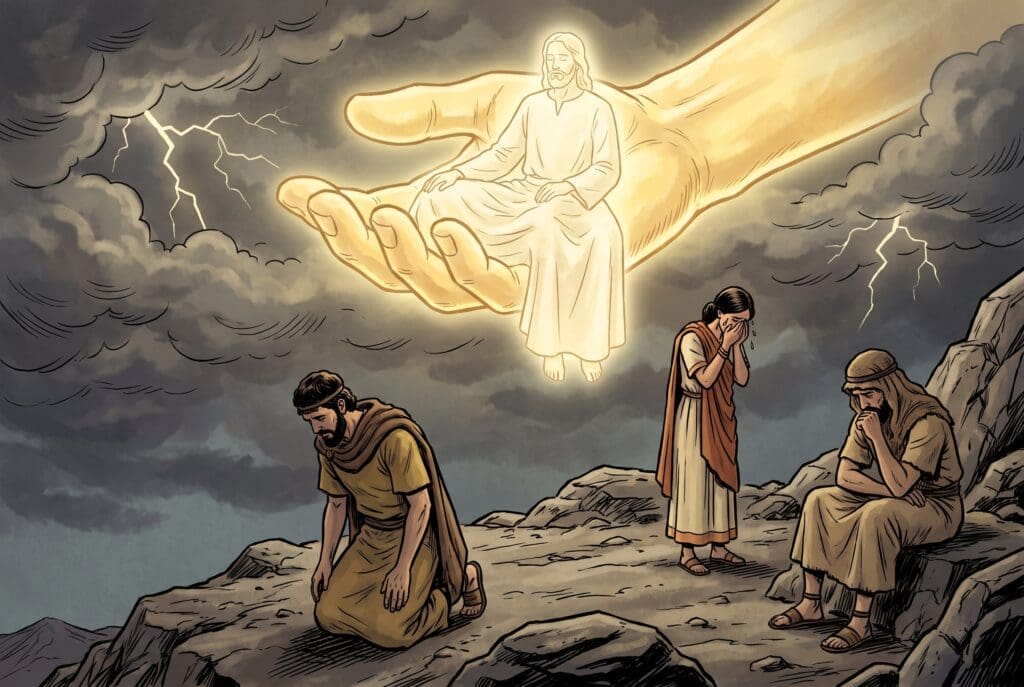 Comic book style illustration depicting a scene from Wisdom of Solomon chapter 3