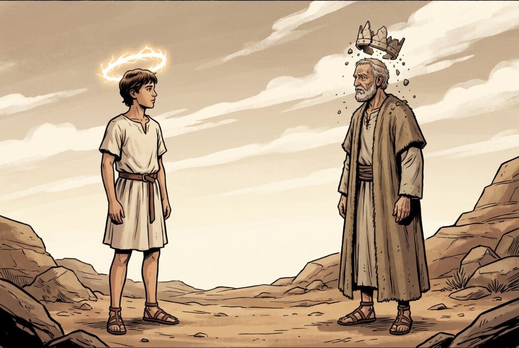 Comic book style illustration depicting a scene from Wisdom of Solomon chapter 4