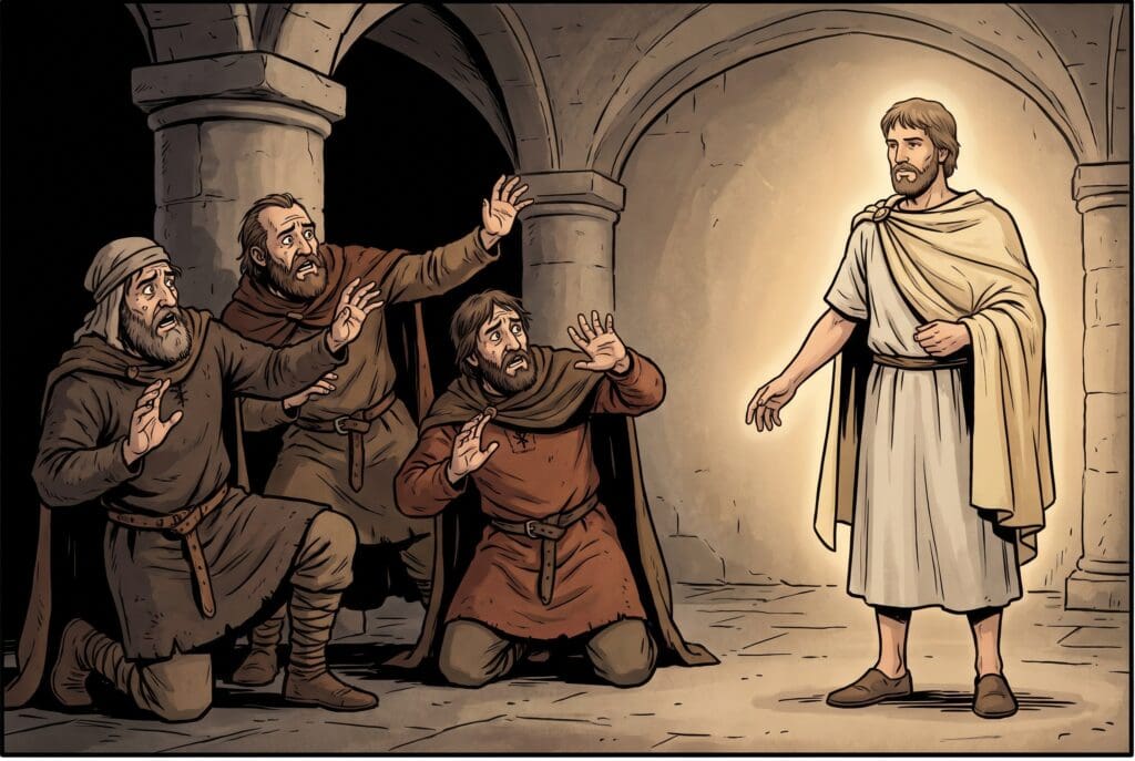 Comic book style illustration depicting a scene from Wisdom of Solomon chapter 5