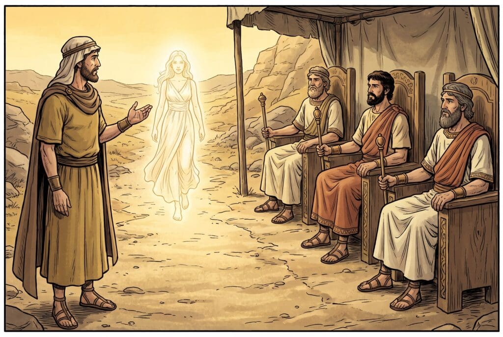 Comic book style illustration depicting a scene from Wisdom of Solomon chapter 6