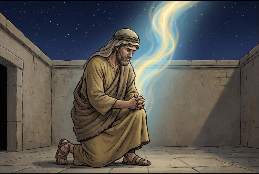 Comic book style illustration depicting a scene from Wisdom of Solomon chapter 7