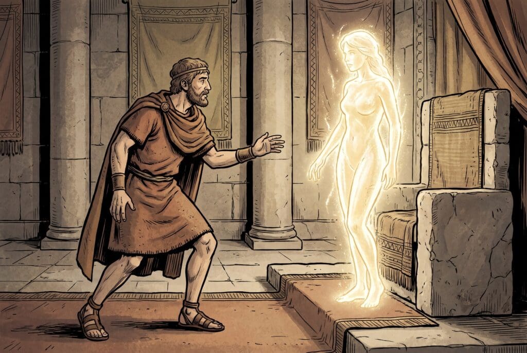 Comic book style illustration depicting a scene from Wisdom of Solomon chapter 8