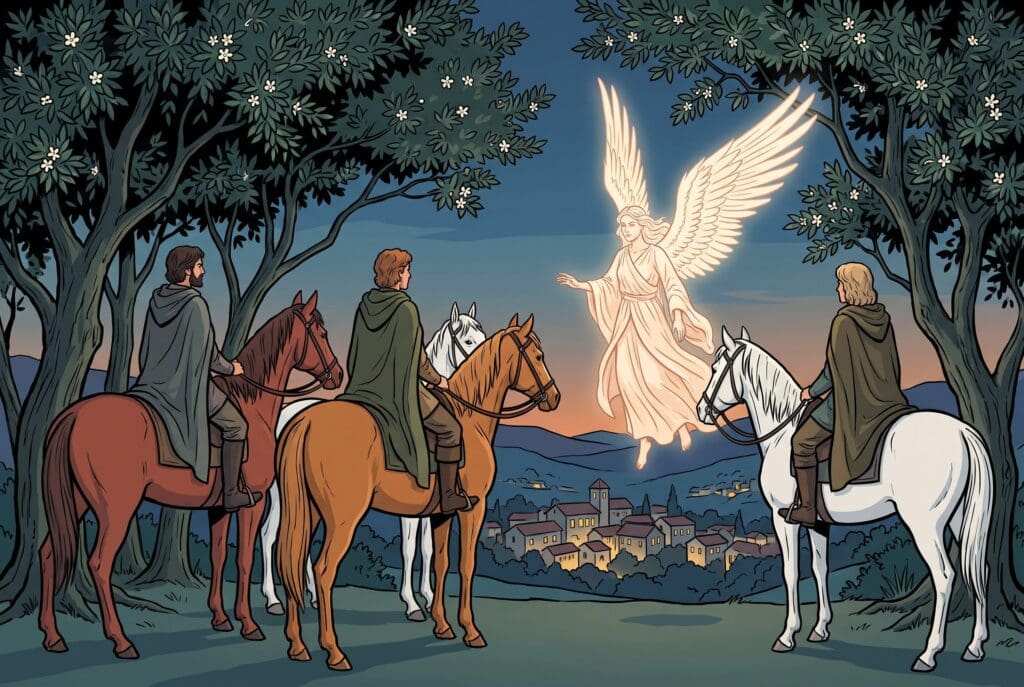 Comic book style illustration depicting a scene from Zechariah chapter 1