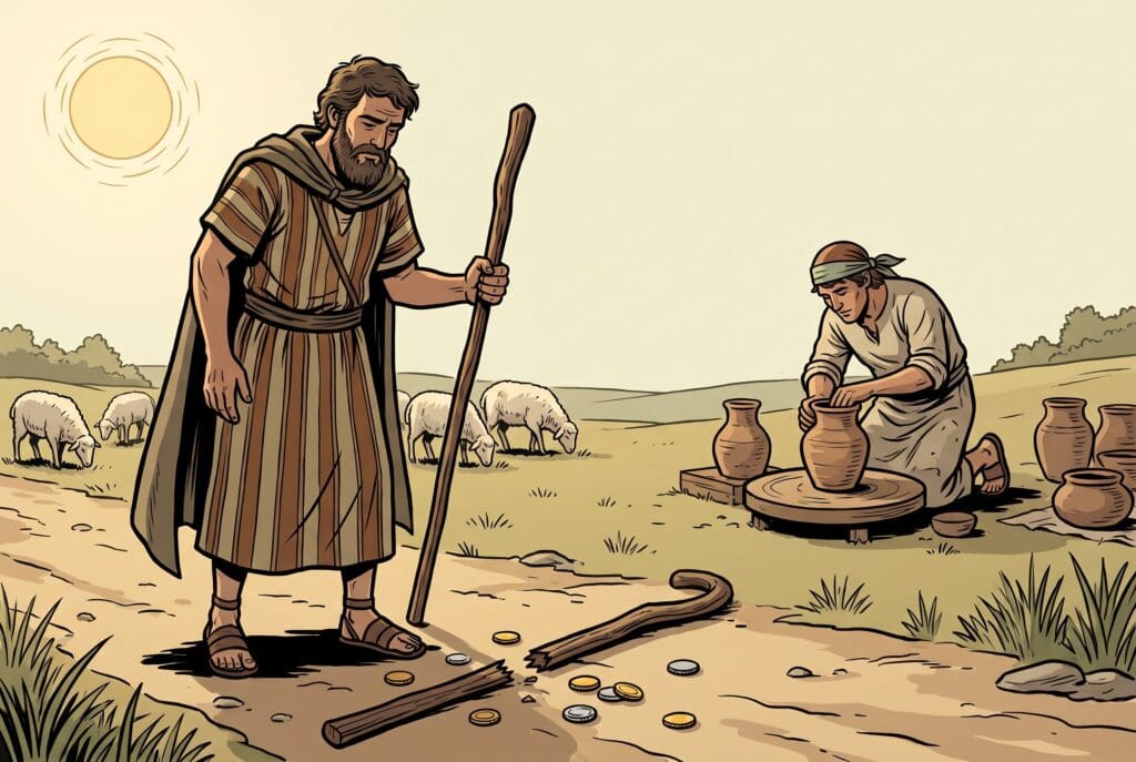 Comic book style illustration depicting a scene from Zechariah chapter 11