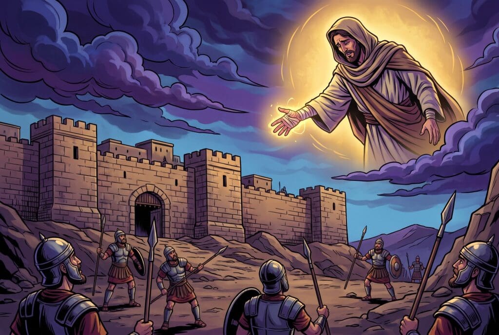 Comic book style illustration depicting a scene from Zechariah chapter 12