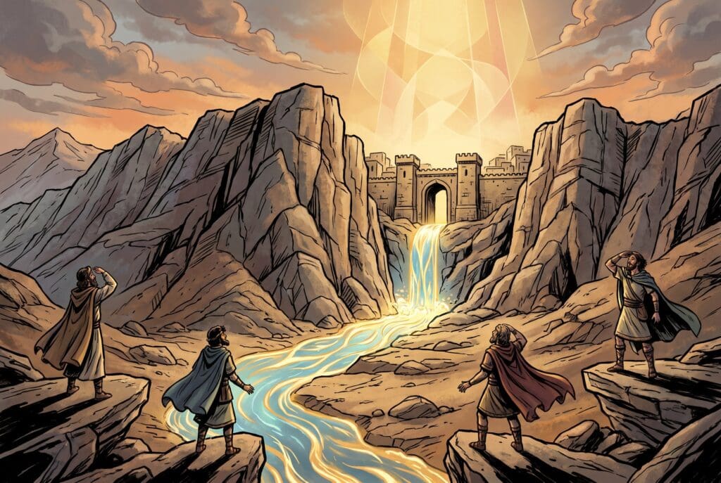 Comic book style illustration depicting a scene from Zechariah chapter 14