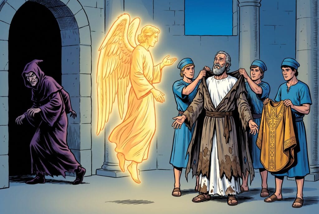 Comic book style illustration depicting a scene from Zechariah chapter 3